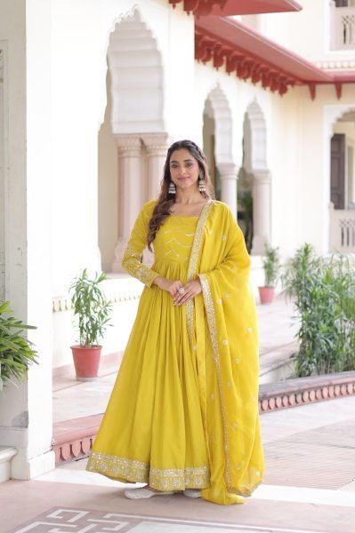 Fabulous Yellow Vichitra Silk Gown with Heavy Sequins Work   Square Neck Design at Manufacturer Rate Anarkali Kurtis 