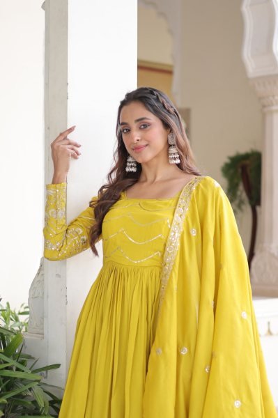 Fabulous Yellow Vichitra Silk Gown with Heavy Sequins Work   Square Neck Design at Manufacturer Rate Anarkali Kurtis 