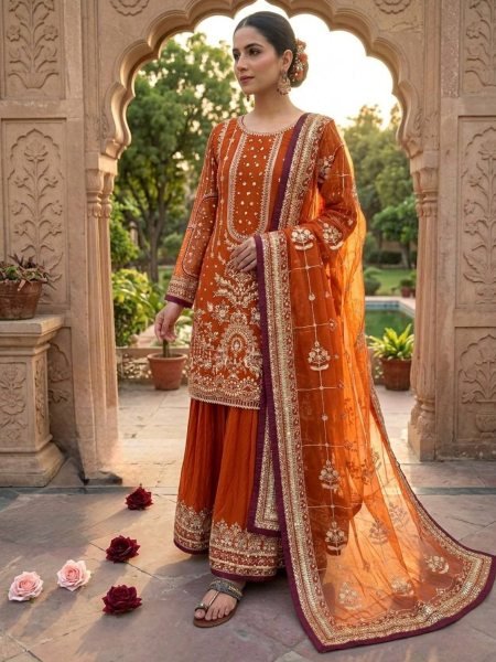 Factory Rate Orange Heavy Faux Georgette Palazzo Set With Sequence Work  Ready To Wear Suit