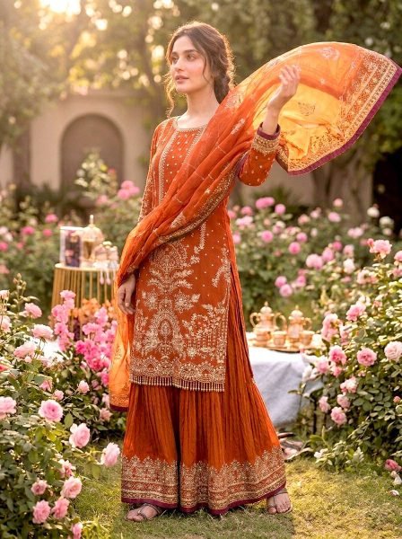 Factory Rate Orange Heavy Faux Georgette Palazzo Set With Sequence Work  Ready To Wear Collection