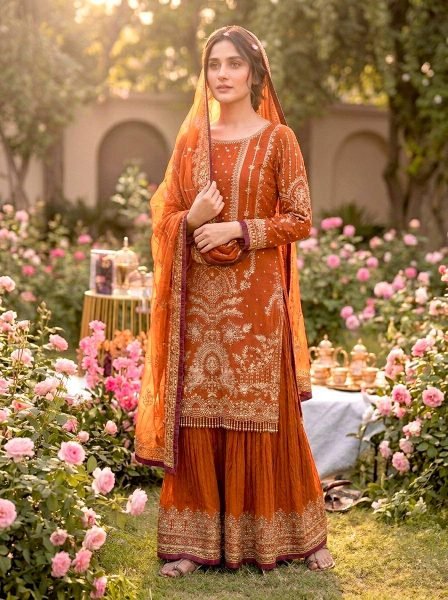 Factory Rate Orange Heavy Faux Georgette Palazzo Set With Sequence Work  Ready To Wear Collection