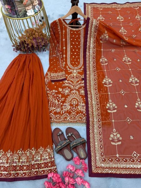 Factory Rate Orange Heavy Faux Georgette Palazzo Set With Sequence Work  Ready To Wear Collection
