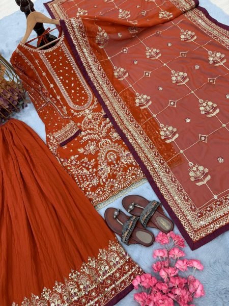 Factory Rate Orange Heavy Faux Georgette Palazzo Set With Sequence Work  Ready To Wear Collection