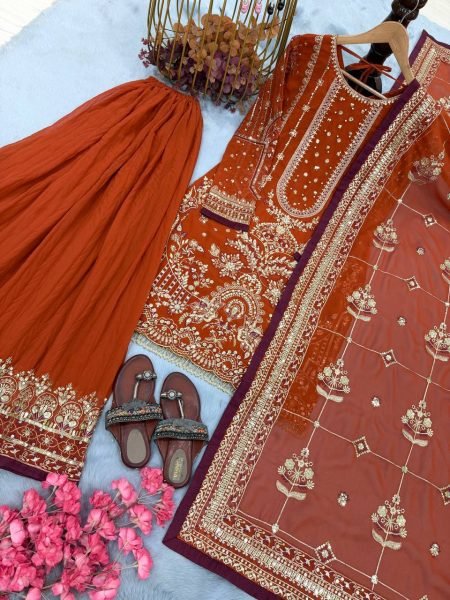 Factory Rate Orange Heavy Faux Georgette Palazzo Set With Sequence Work  Ready To Wear Collection