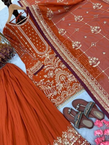 Factory Rate Orange Heavy Faux Georgette Palazzo Set With Sequence Work  Ready To Wear Collection