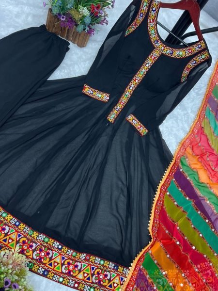 Fancy Black Color Heavy Faux Georgette With Gamathi Work Gown With Dupatta  3 Piece Kurti Set