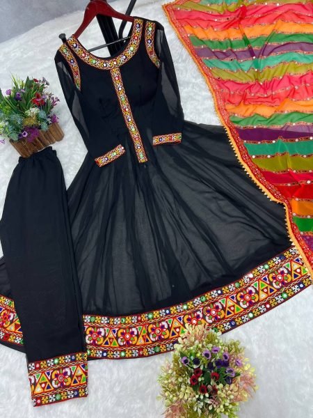 Fancy Black Color Heavy Faux Georgette With Gamathi Work Gown With Dupatta  3 Piece Kurti Set