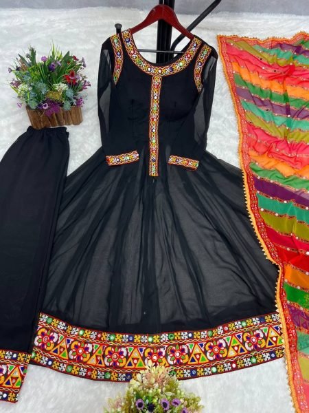 Fancy Black Color Heavy Faux Georgette With Gamathi Work Gown With Dupatta  3 Piece Kurti Set