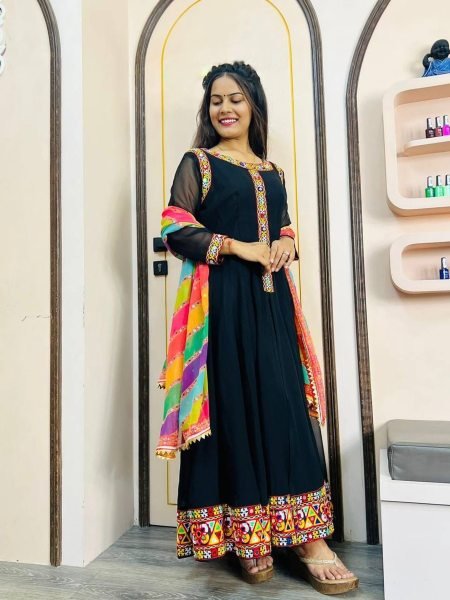 Fancy Black Color Heavy Faux Georgette With Gamathi Work Gown With Dupatta  3 Piece Kurti Set