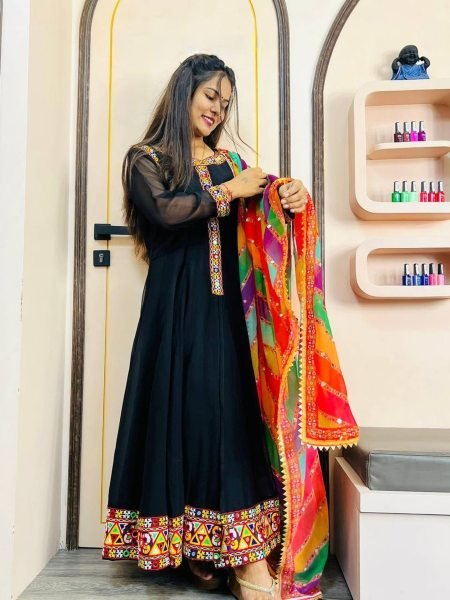 Fancy Black Color Heavy Faux Georgette With Gamathi Work Gown With Dupatta  3 Piece Kurti Set