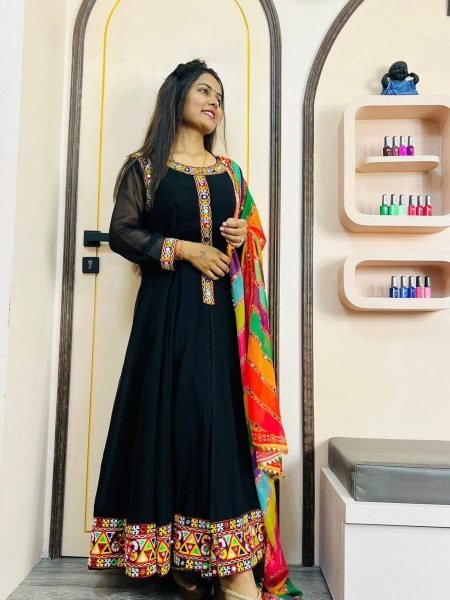 Fancy Black Color Heavy Faux Georgette With Gamathi Work Gown With Dupatta  3 Piece Kurti Set