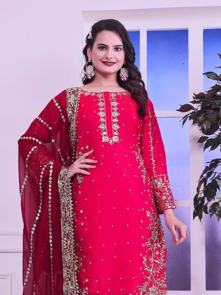 Fancy Embroidered Georgette Palazzo Dupatta Set with Frendy Silk Top Best Price Ready To Wear Collection