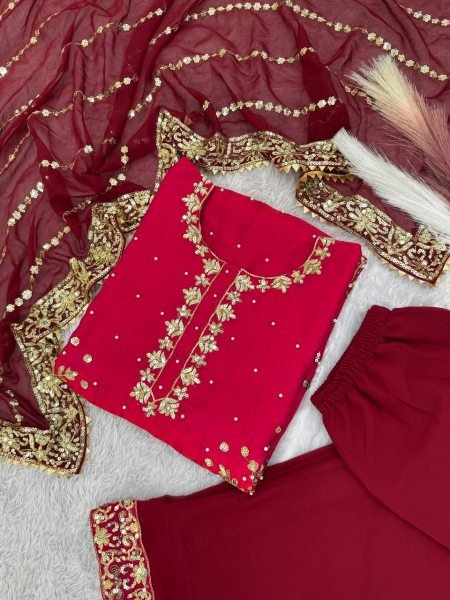 Fancy Embroidered Georgette Palazzo Dupatta Set with Frendy Silk Top Best Price Ready To Wear Collection