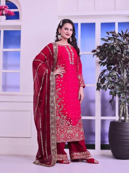 Fancy Embroidered Georgette Palazzo Dupatta Set with Frendy Silk Top Best Price Ready To Wear Collection