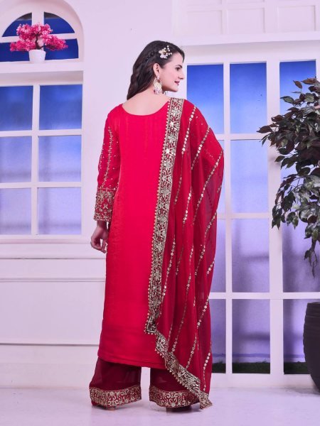 Fancy Embroidered Georgette Palazzo Dupatta Set with Frendy Silk Top Best Price Ready To Wear Collection