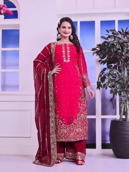 Fancy Embroidered Georgette Palazzo Dupatta Set with Frendy Silk Top Best Price Ready To Wear Collection