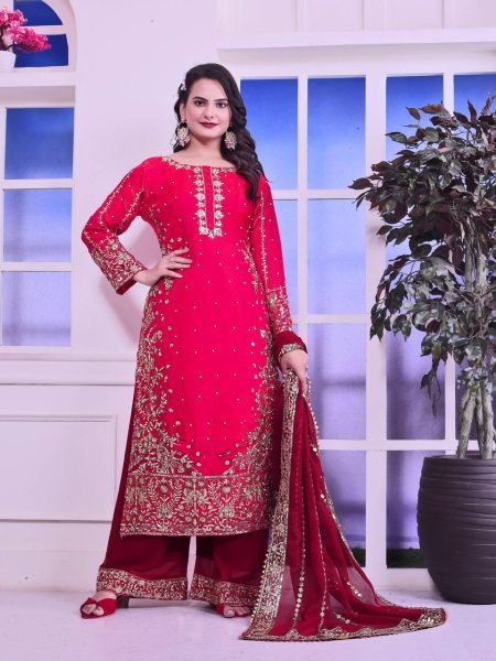 Fancy Embroidered Georgette Palazzo Dupatta Set with Frendy Silk Top Best Price Ready To Wear Collection