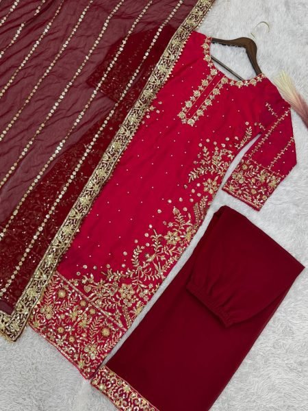 Fancy Embroidered Georgette Palazzo Dupatta Set with Frendy Silk Top Best Price Ready To Wear Collection