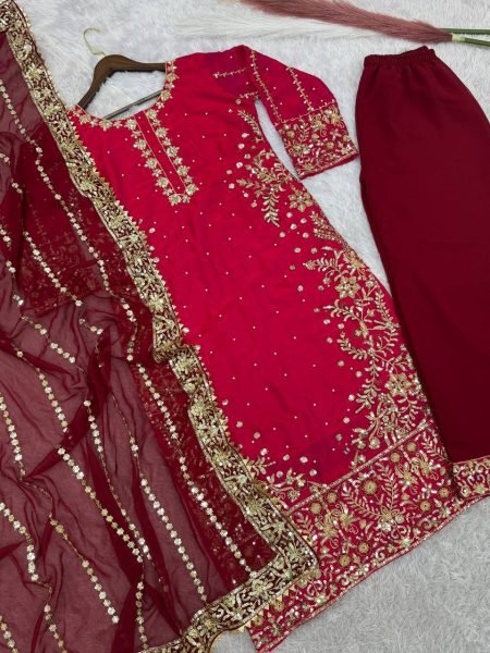Fancy Embroidered Georgette Palazzo Dupatta Set with Frendy Silk Top Best Price Ready To Wear Collection