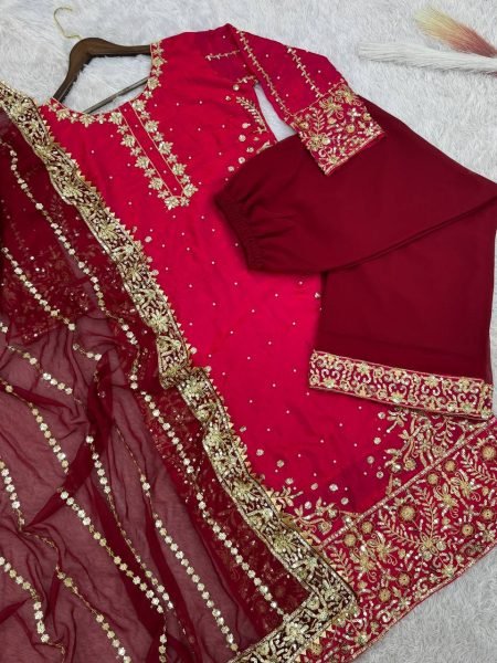 Fancy Embroidered Georgette Palazzo Dupatta Set with Frendy Silk Top Best Price Ready To Wear Collection