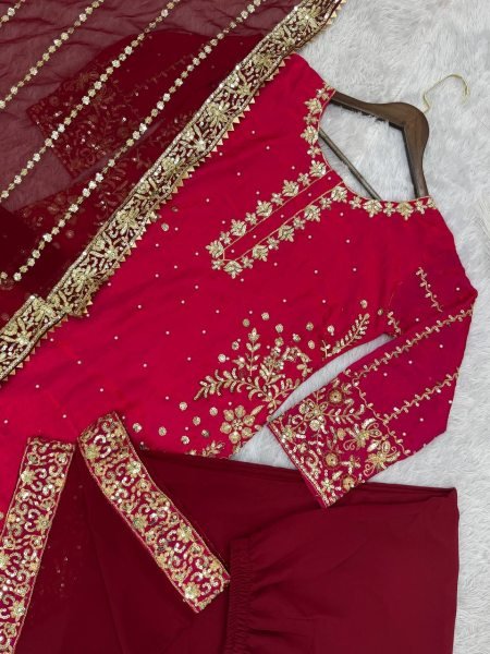 Fancy Embroidered Georgette Palazzo Dupatta Set with Frendy Silk Top Best Price Ready To Wear Collection