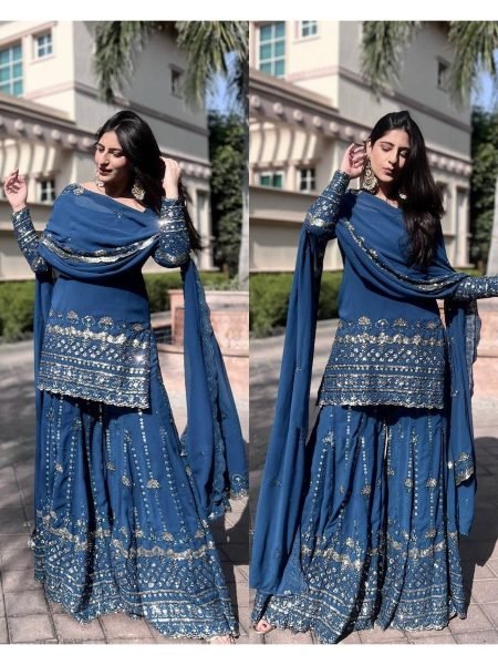 Fancy Embroidery Work And Heavy faux Georgette Top Sharara Suit Collection  Ready To Wear Collection