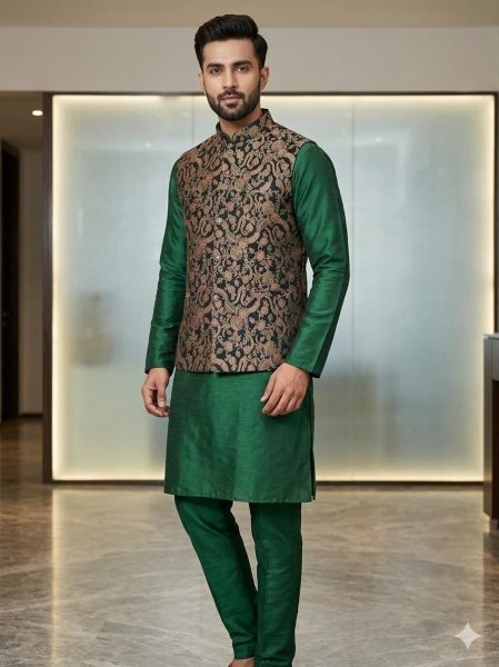 Fancy Green Men Kurta Set with Designer Jacket for Festive Wear Kurta Pajama Wholesale