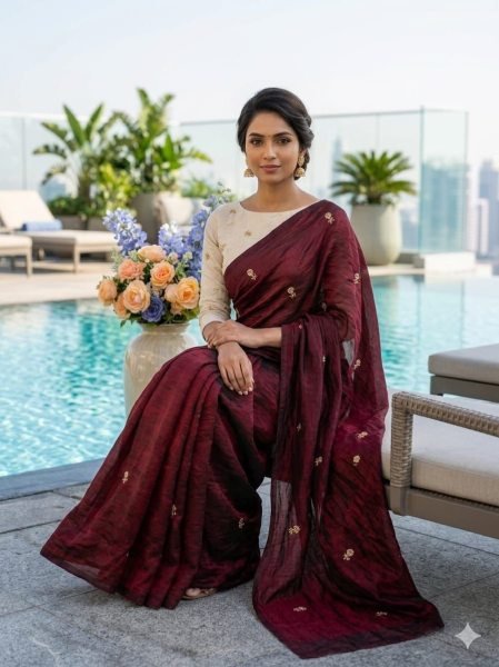 Fancy Maroon Designer Saree With Blouse Pice for Wedding and Party Look Embroidery Sarees Wholesale