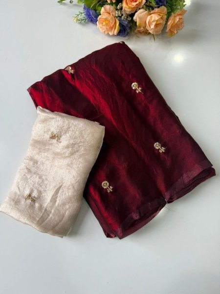 Fancy Maroon Designer Saree With Blouse Pice for Wedding and Party Look Embroidery Sarees Wholesale