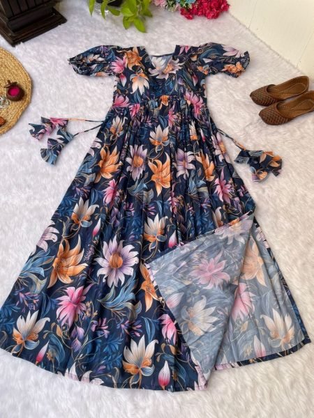 Fancy Muslin Printed Nayra Cut Kurti  Printed Kurtis
