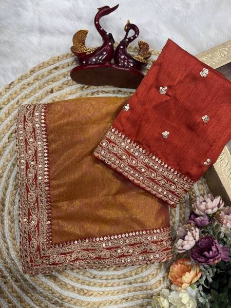 Fancy Orange Embroidered Soft Twill Fabric Saree with Mono Banglori Blouse Net Sarees Wholesale