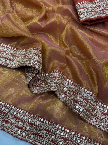Fancy Orange Embroidered Soft Twill Fabric Saree with Mono Banglori Blouse Net Sarees Wholesale