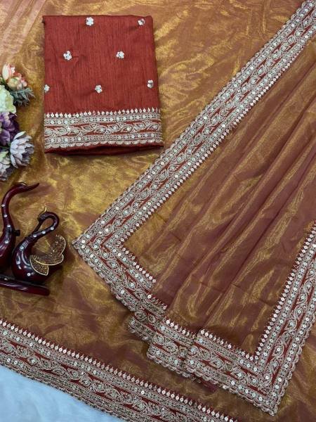 Fancy Orange Embroidered Soft Twill Fabric Saree with Mono Banglori Blouse Net Sarees Wholesale