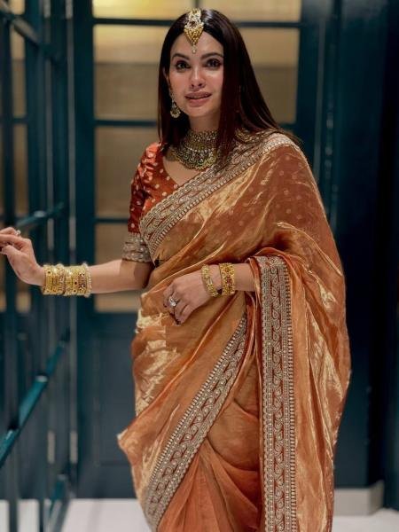 Fancy Orange Embroidered Soft Twill Fabric Saree with Mono Banglori Blouse Net Sarees Wholesale