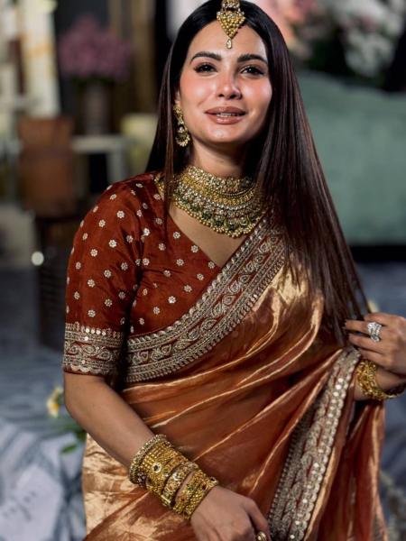 Fancy Orange Embroidered Soft Twill Fabric Saree with Mono Banglori Blouse Net Sarees Wholesale