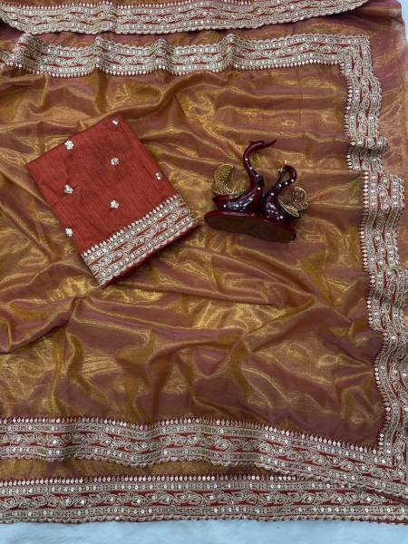 Fancy Orange Embroidered Soft Twill Fabric Saree with Mono Banglori Blouse Net Sarees Wholesale