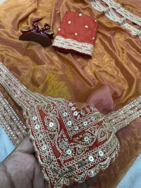 Fancy Orange Embroidered Soft Twill Fabric Saree with Mono Banglori Blouse Net Sarees Wholesale