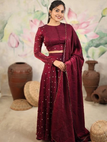 Fancy Party Wear Maroon Lehenga with Heavy Embroidery Work   Lehenga
