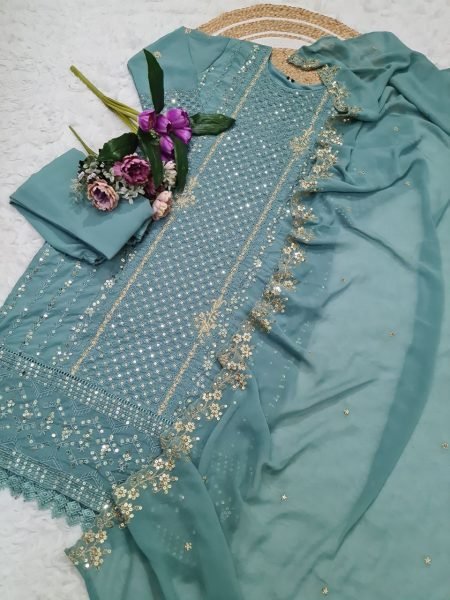 Fancy Sea Green Pakistani Suit with Thread & Sequin Work Party Perfect Ready To Wear Collection