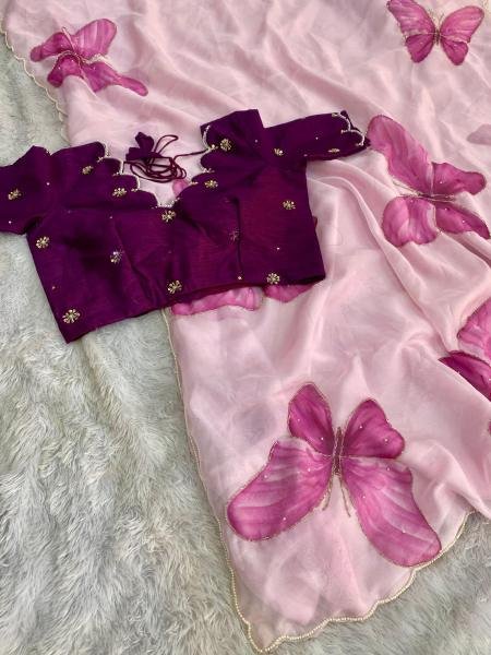 Fancy Soft Satin Organza Saree – Hand-Painted Floral with Pearl & Cut Dana Border Organza Sarees Wholesale