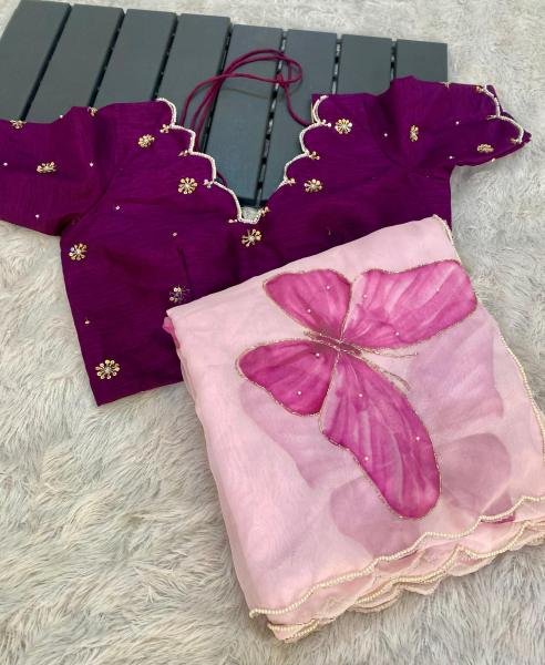 Fancy Soft Satin Organza Saree – Hand-Painted Floral with Pearl & Cut Dana Border Organza Sarees Wholesale