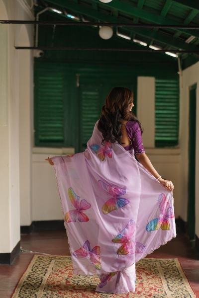 Fancy Soft Satin Organza Saree – Hand-Painted Floral with Pearl & Cut Dana Border Organza Sarees Wholesale