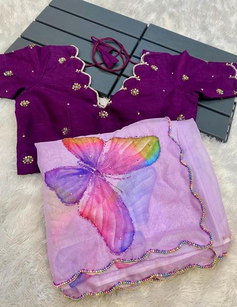 Fancy Soft Satin Organza Saree – Hand-Painted Floral with Pearl & Cut Dana Border Organza Sarees Wholesale