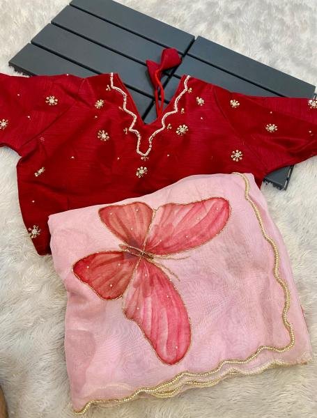 Fancy Soft Satin Organza Saree – Hand-Painted Floral with Pearl & Cut Dana Border Organza Sarees Wholesale