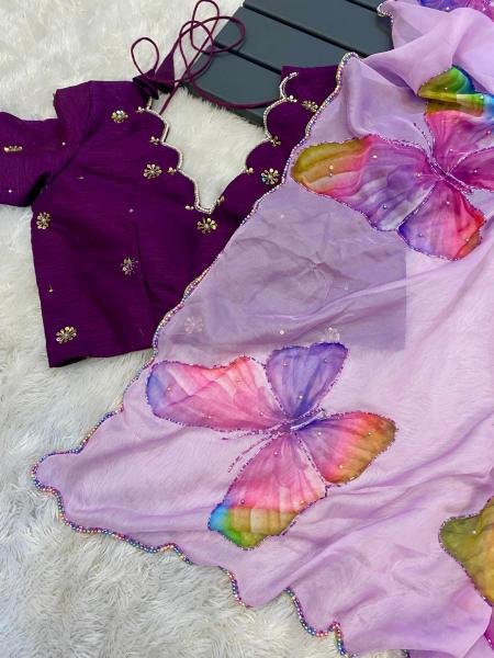 Fancy Soft Satin Organza Saree – Hand-Painted Floral with Pearl & Cut Dana Border Organza Sarees Wholesale