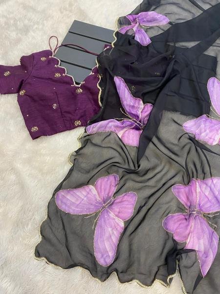 Fancy Soft Satin Organza Saree – Hand-Painted Floral with Pearl & Cut Dana Border Organza Sarees Wholesale