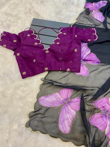 Fancy Soft Satin Organza Saree – Hand-Painted Floral with Pearl & Cut Dana Border Organza Sarees Wholesale