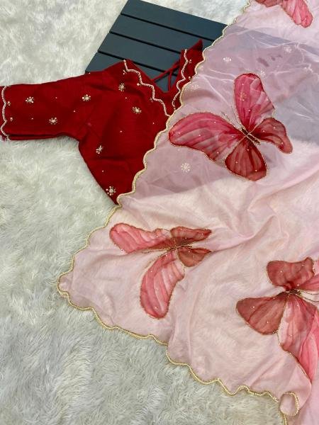 Fancy Soft Satin Organza Saree – Hand-Painted Floral with Pearl & Cut Dana Border Organza Sarees Wholesale