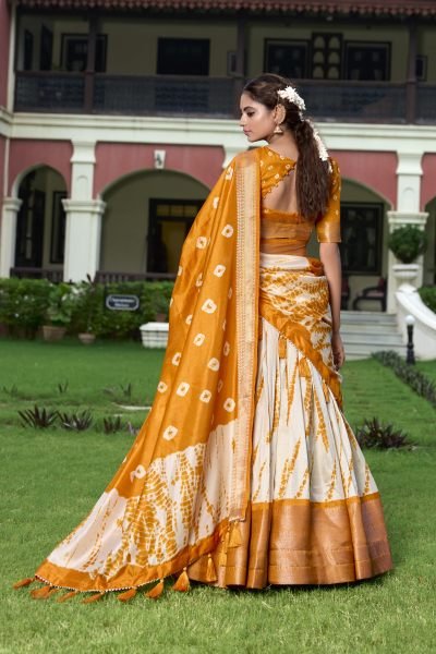 Fantastic Mustered Yellow Color Dola Silk Shikora Print Zari Border Saree Lehenga Choli Half Saree Lehenga