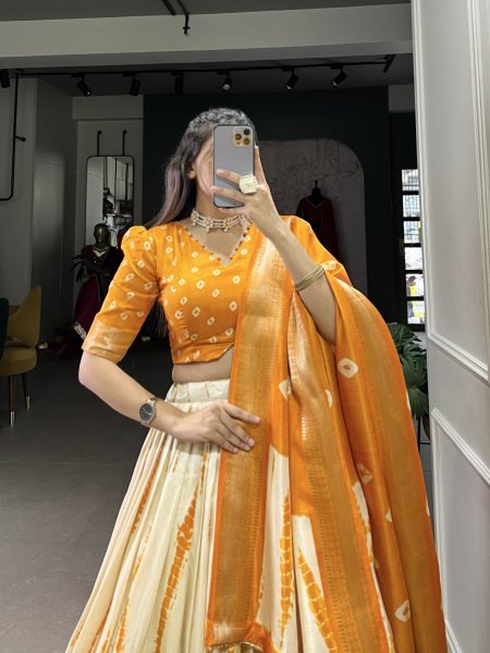 Fantastic Mustered Yellow Color Dola Silk Shikora Print Zari Border Saree Lehenga Choli Half Saree Lehenga